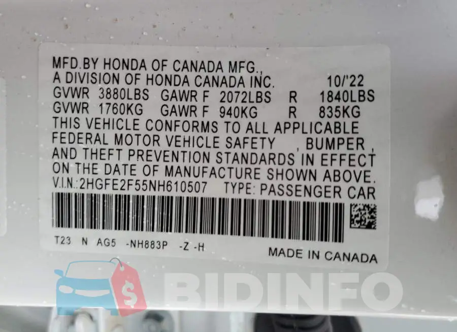 2HGFE2F55NH610507 Photo# 12