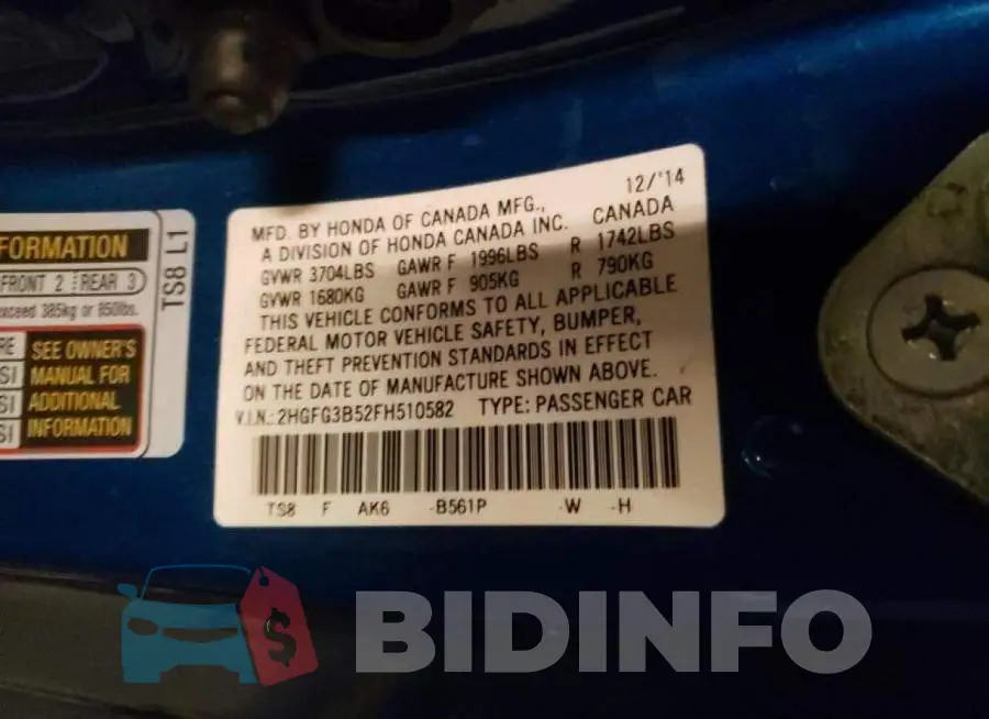 2HGFG3B52FH510582 Photo# 13