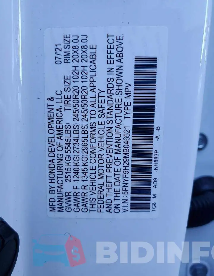 5FNYF5H29MB046521 Photo# 12