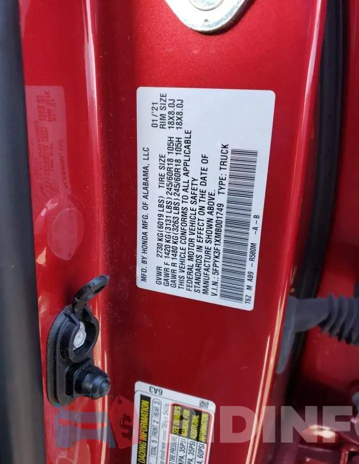 5FPYK3F1XMB001749 Photo# 12