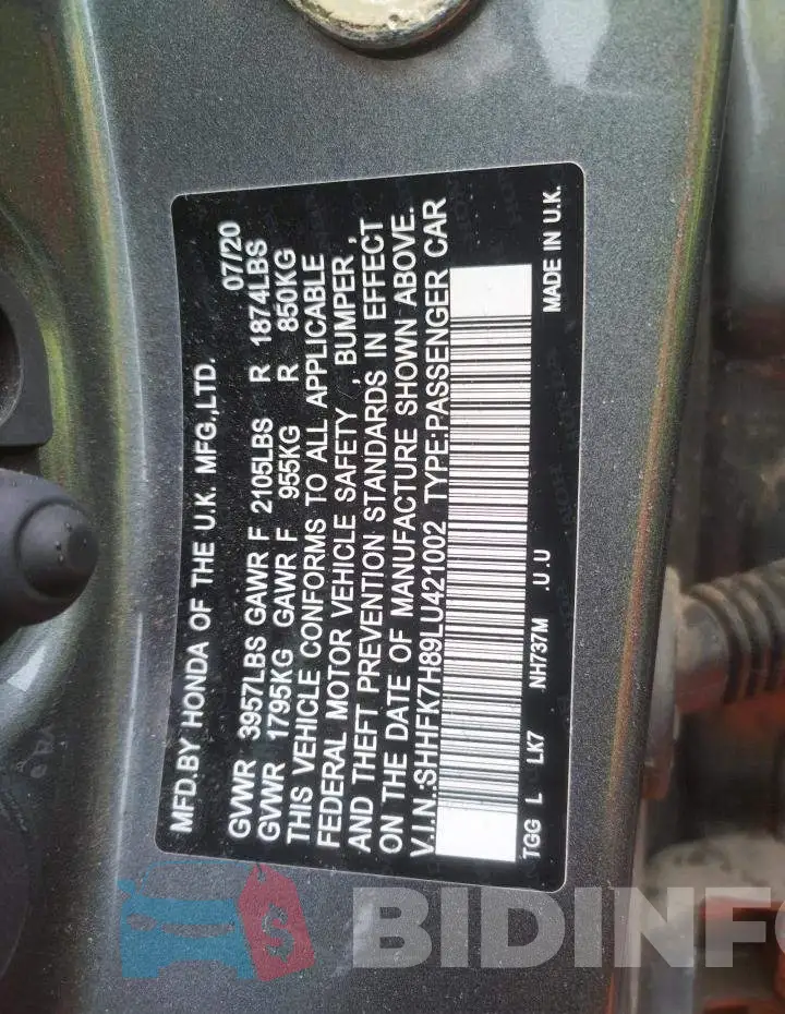 SHHFK7H89LU421002 Photo# 13