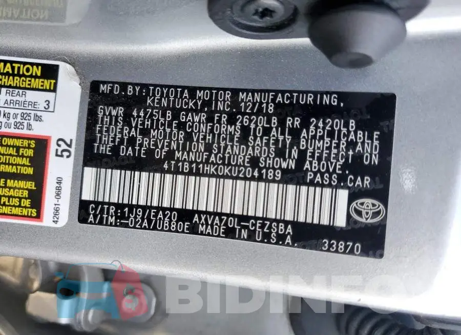 4T1B11HK0KU204189 Photo# 12