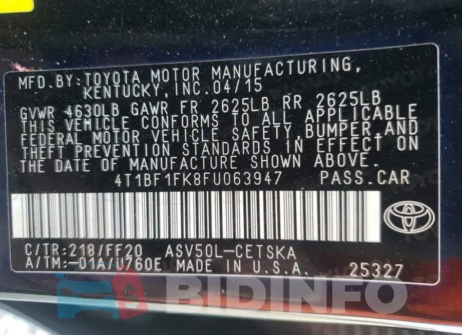 4T1BF1FK8FU063947 Photo# 12
