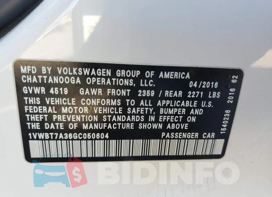 1VWBT7A36GC050604 Photo# 12