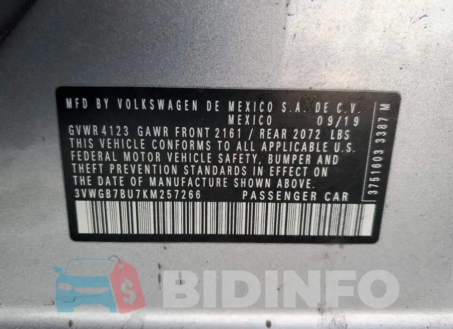 3VWGB7BU7KM257266 Photo# 12