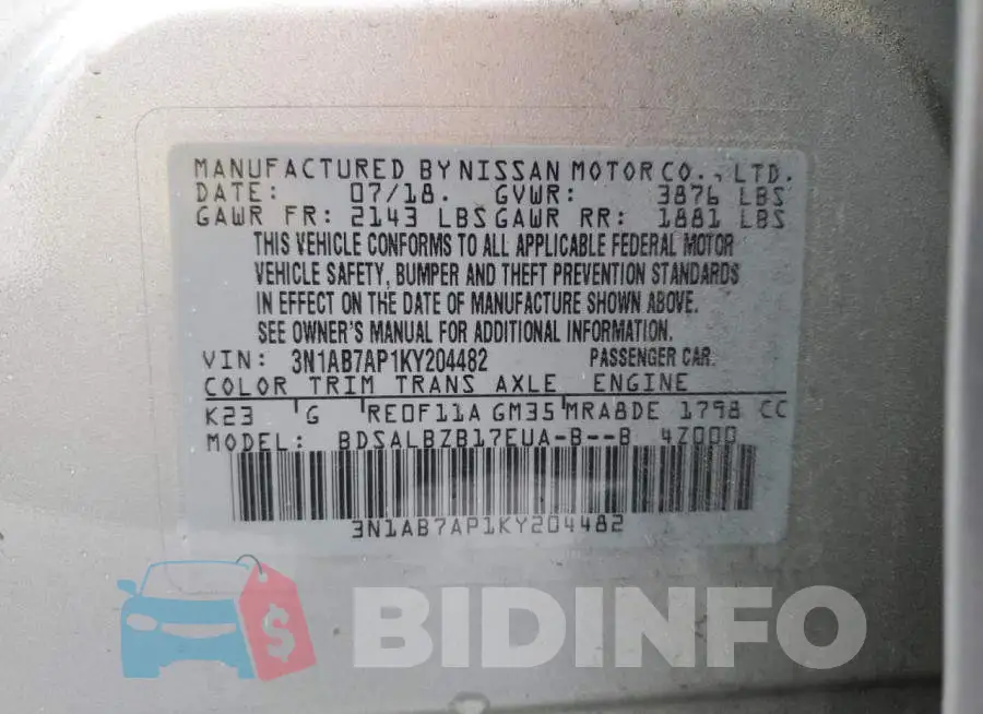3N1AB7AP1KY204482 Photo# 12