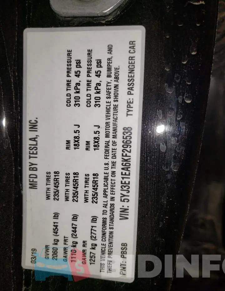 5YJ3E1EA6KF296538 Photo# 13