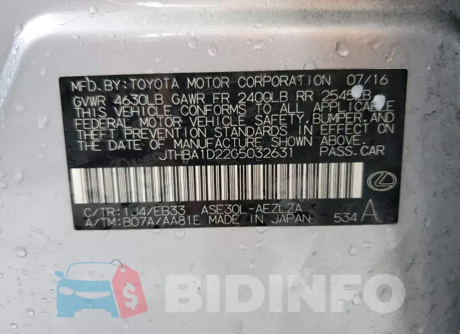JTHBA1D22G5032631 Photo# 12