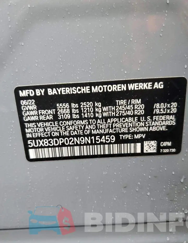 5UX83DP02N9N15459 Photo# 13