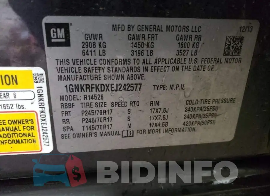 1GNKRFKDXEJ242577 Photo# 14