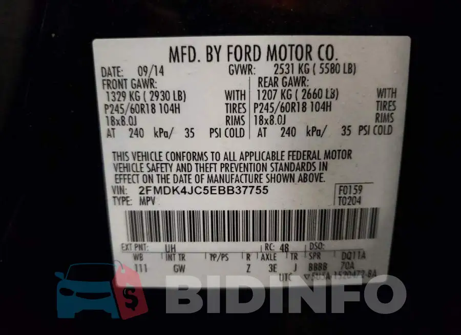 2FMDK4JC5EBB37755 Photo# 14