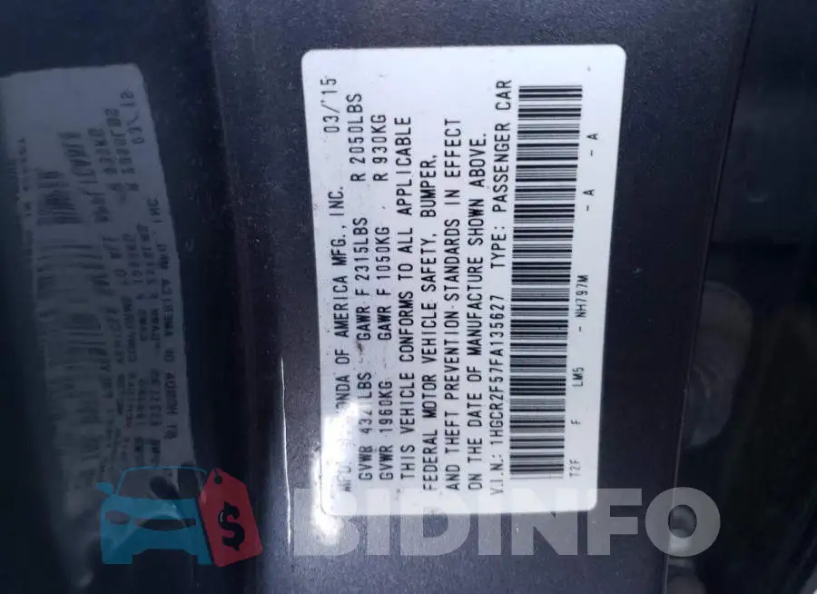 1HGCR2F57FA135627 Photo# 12