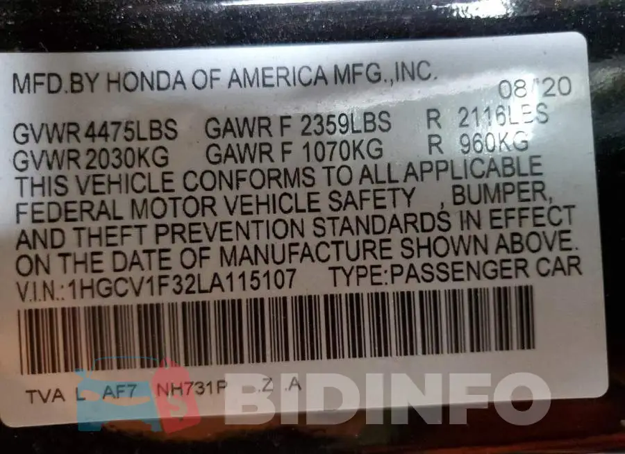 1HGCV1F32LA115107 Photo# 13