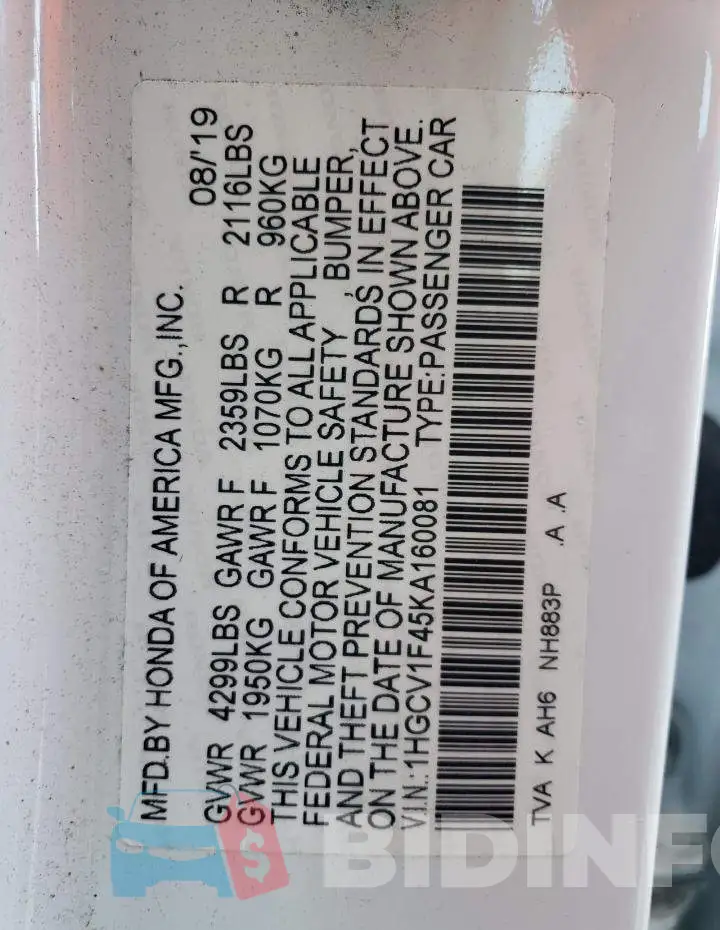 1HGCV1F45KA160081 Photo# 12