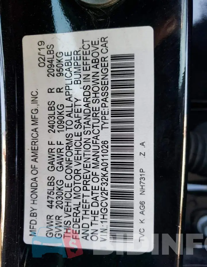 1HGCV2F32KA011026 Photo# 12