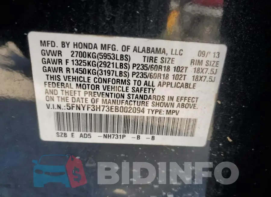 5FNYF3H73EB002094 Photo# 13