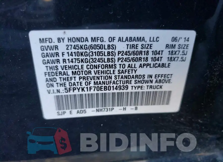 5FPYK1F70EB014939 Photo# 12