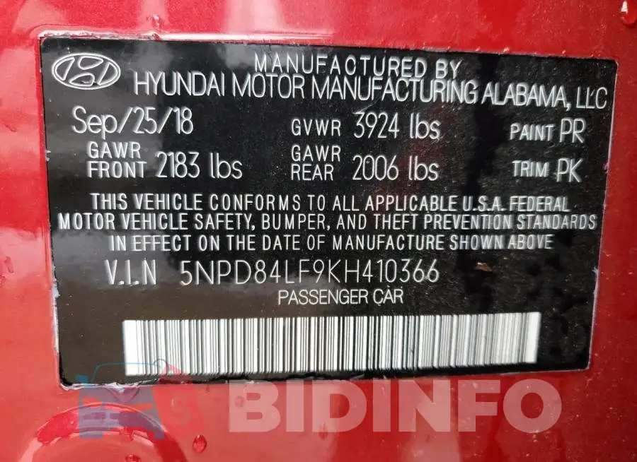5NPD84LF9KH410366 Photo# 12