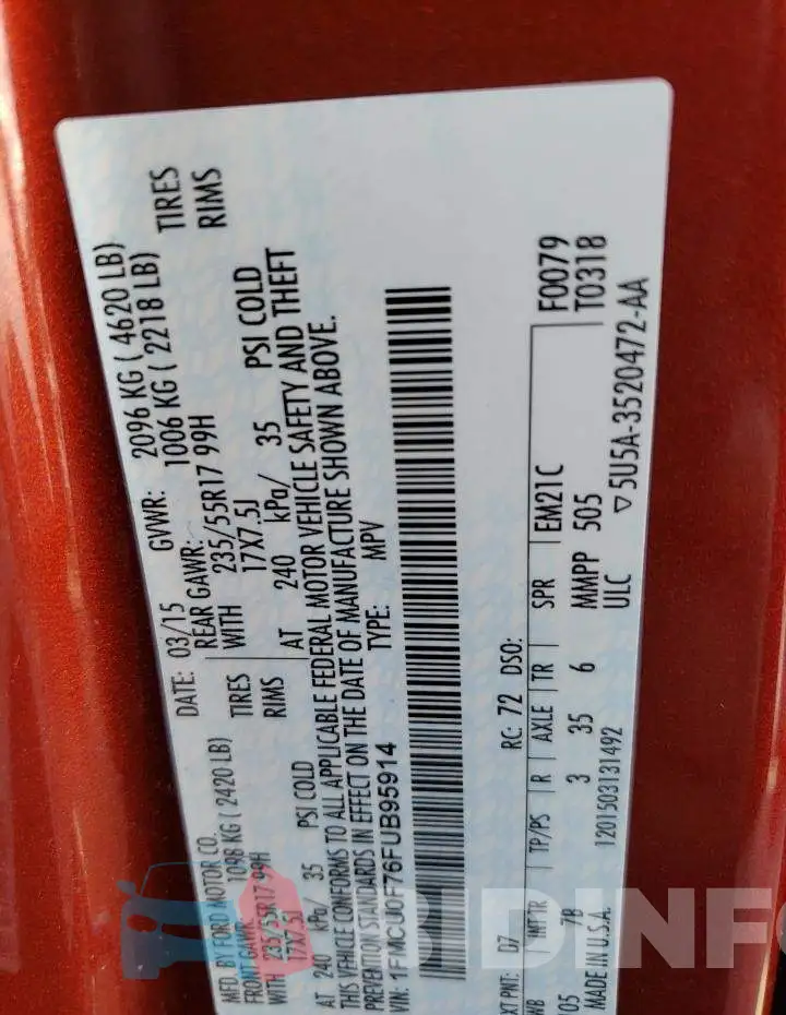 1FMCU0F76FUB95914 Photo# 13