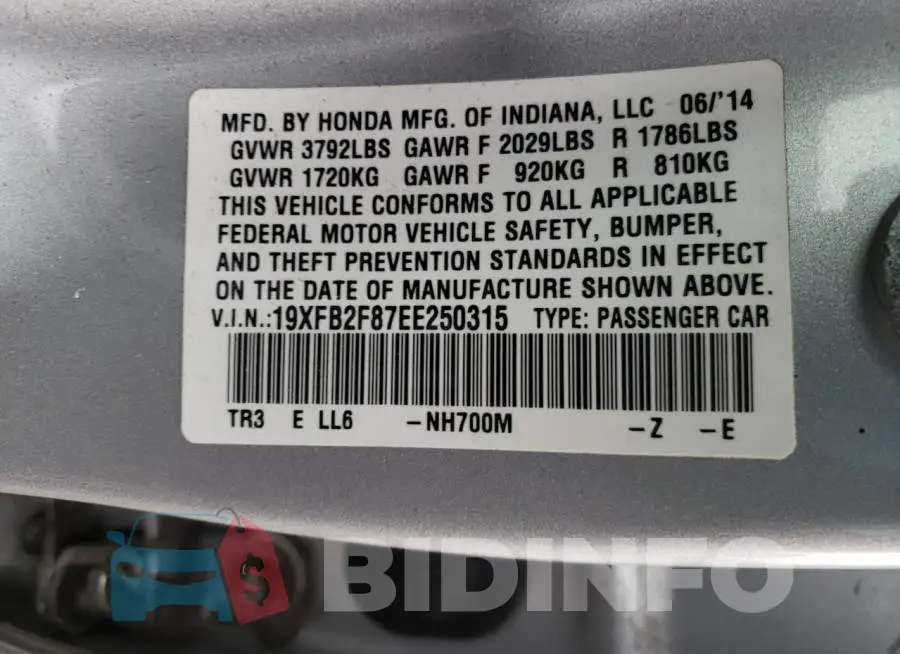 19XFB2F87EE250315 Photo# 12