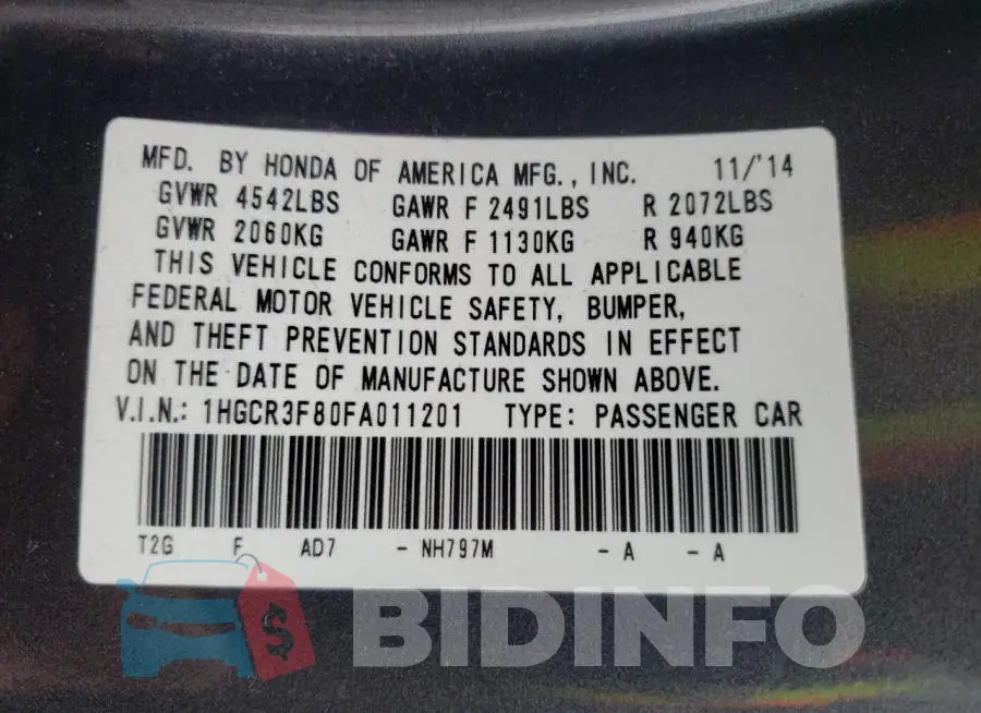 1HGCR3F80FA011201 Photo# 12