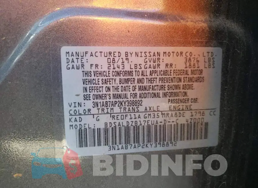 3N1AB7AP2KY398892 Photo# 12
