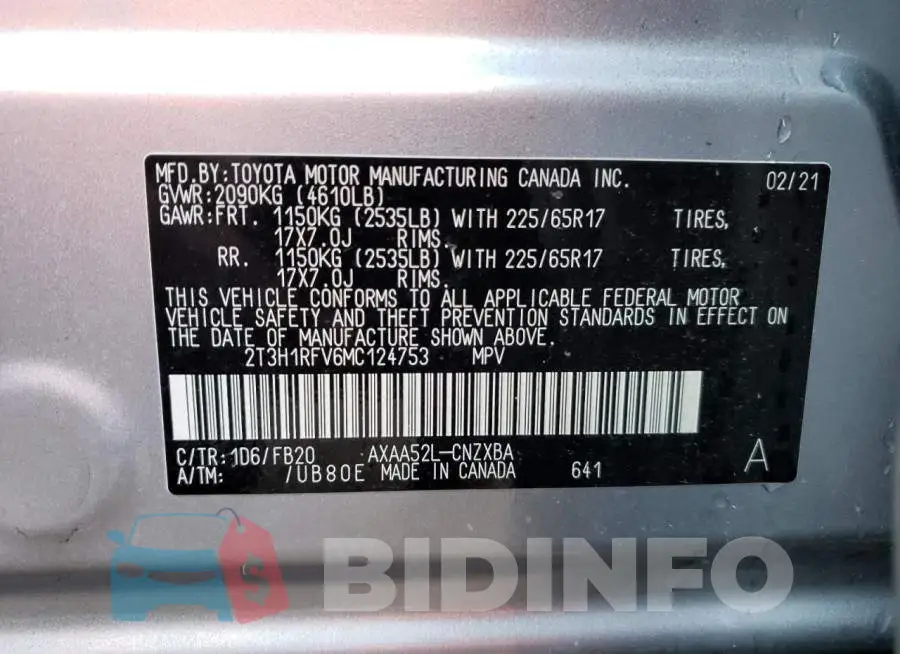 2T3H1RFV6MC124753 Photo# 13