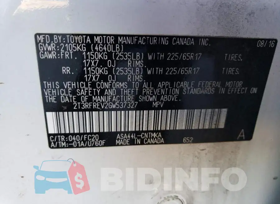 2T3RFREV2GW537327 Photo# 12