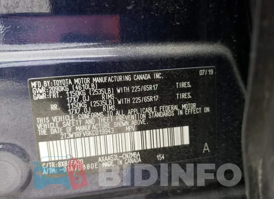 2T3W1RFV6KC019943 Photo# 14