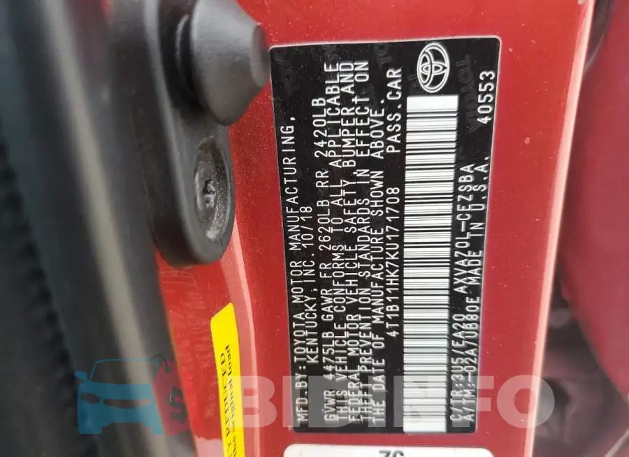 4T1B11HK7KU171708 Photo# 12