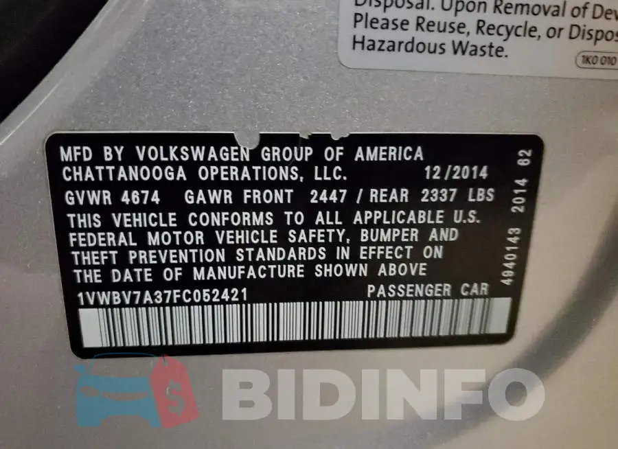 1VWBV7A37FC052421 Photo# 12