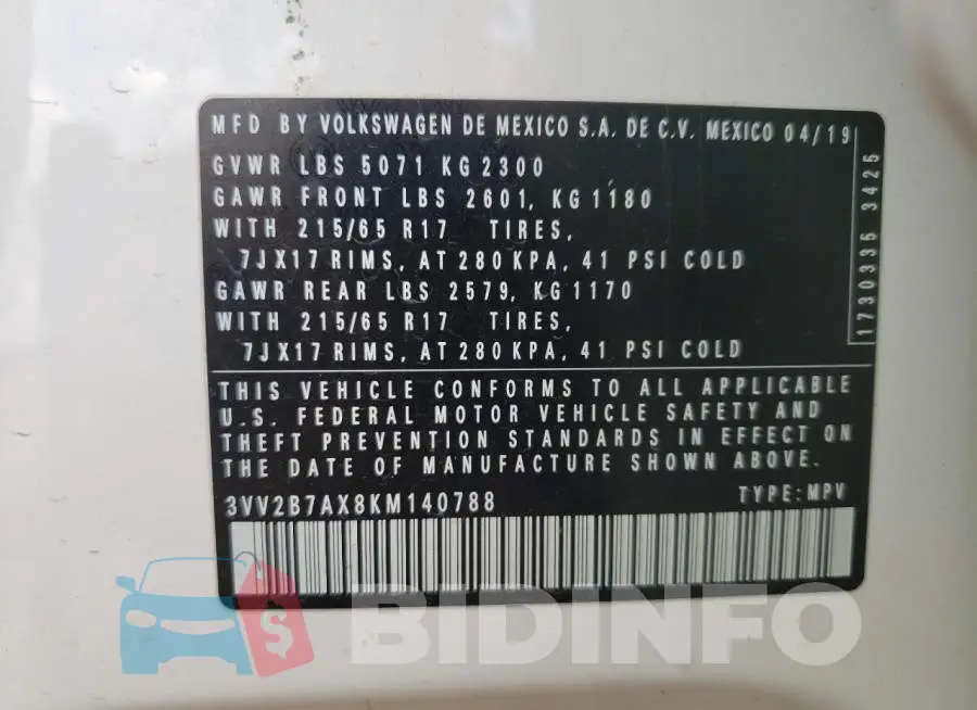 3VV2B7AX8KM140788 Photo# 10