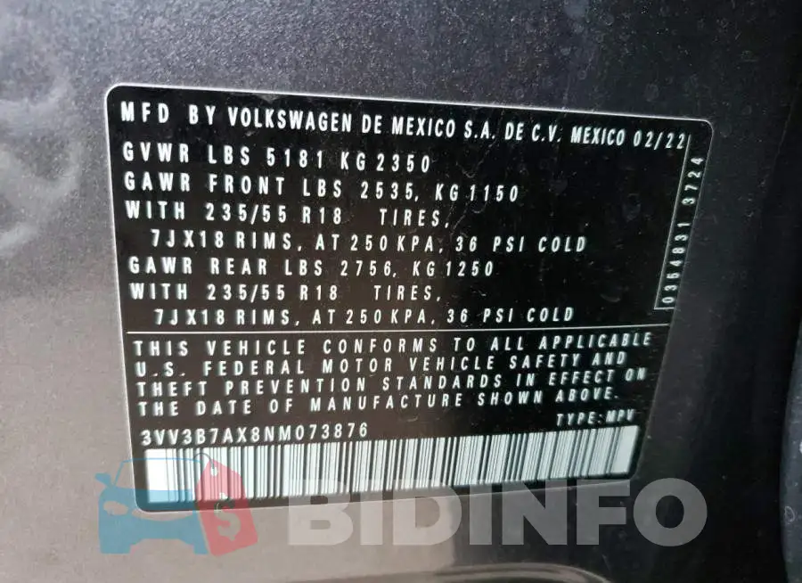 3VV3B7AX8NM073876 Photo# 14