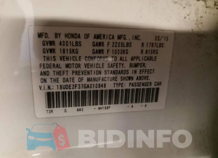 19UDE2F37GA010949 Photo# 10