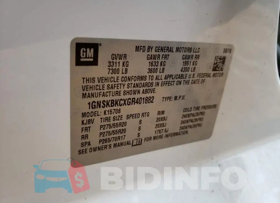 1GNSKBKCXGR401882 Photo# 14