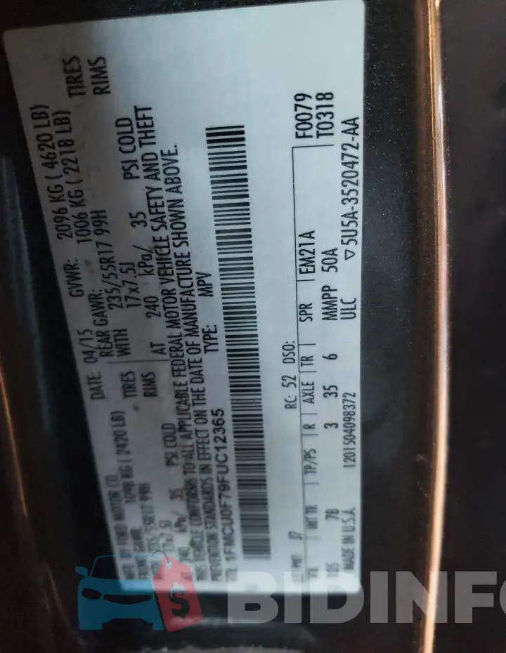 1FMCU0F79FUC12365 Photo# 13