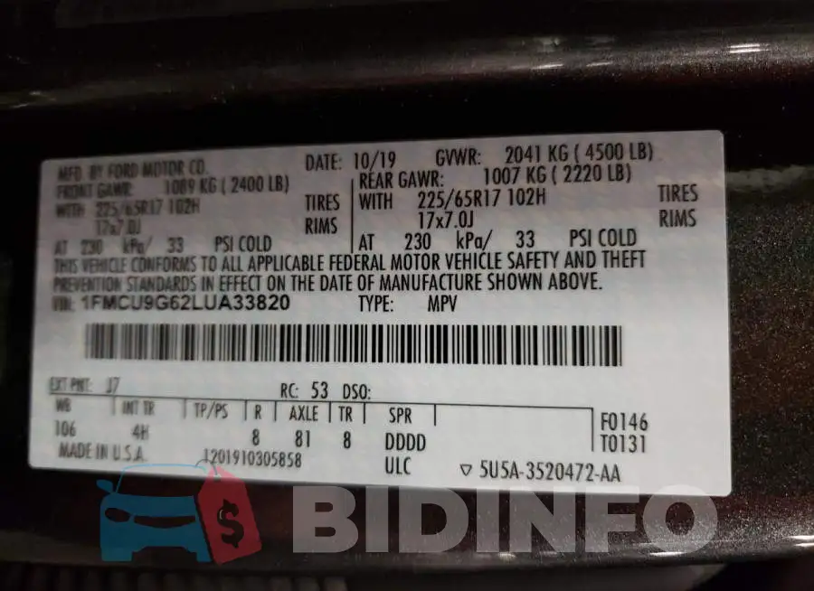 1FMCU9G62LUA33820 Photo# 13