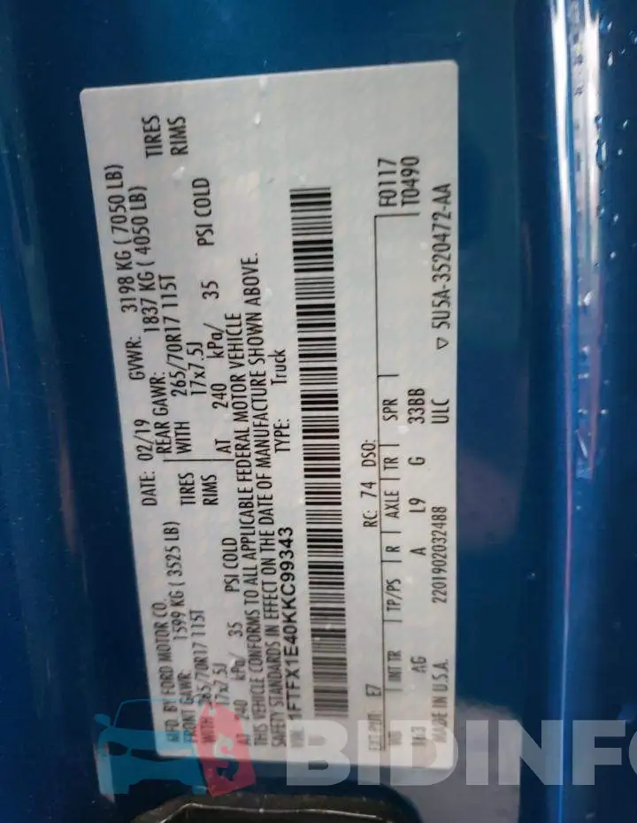 1FTFX1E40KKC99343 Photo# 12