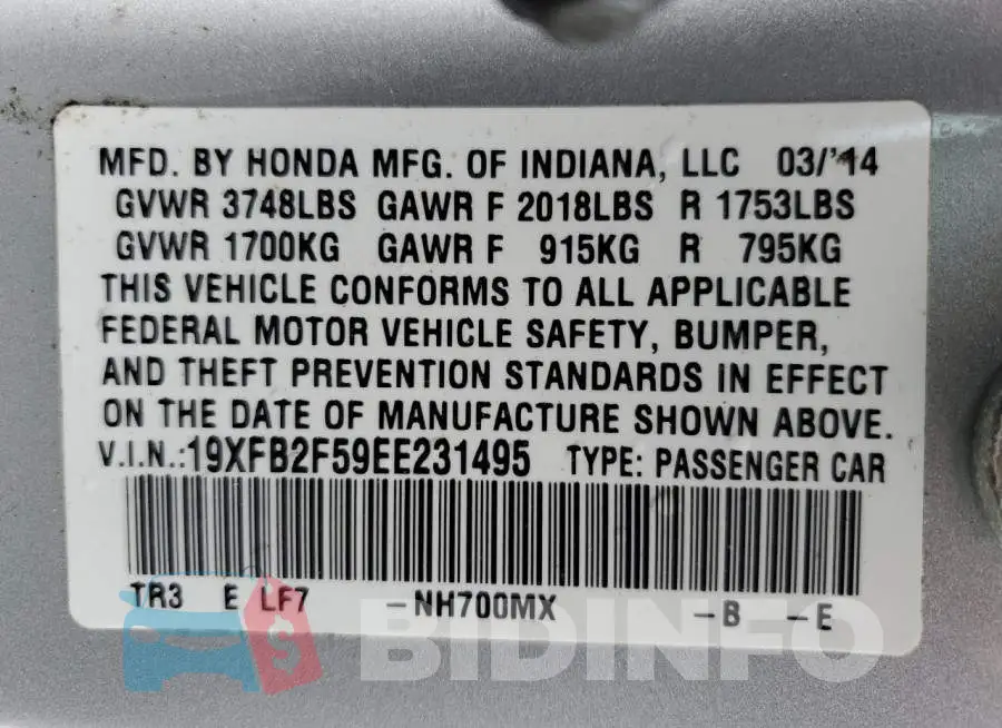 19XFB2F59EE231495 Photo# 12