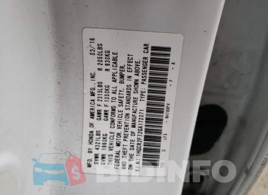 1HGCR2F72GA172071 Photo# 13
