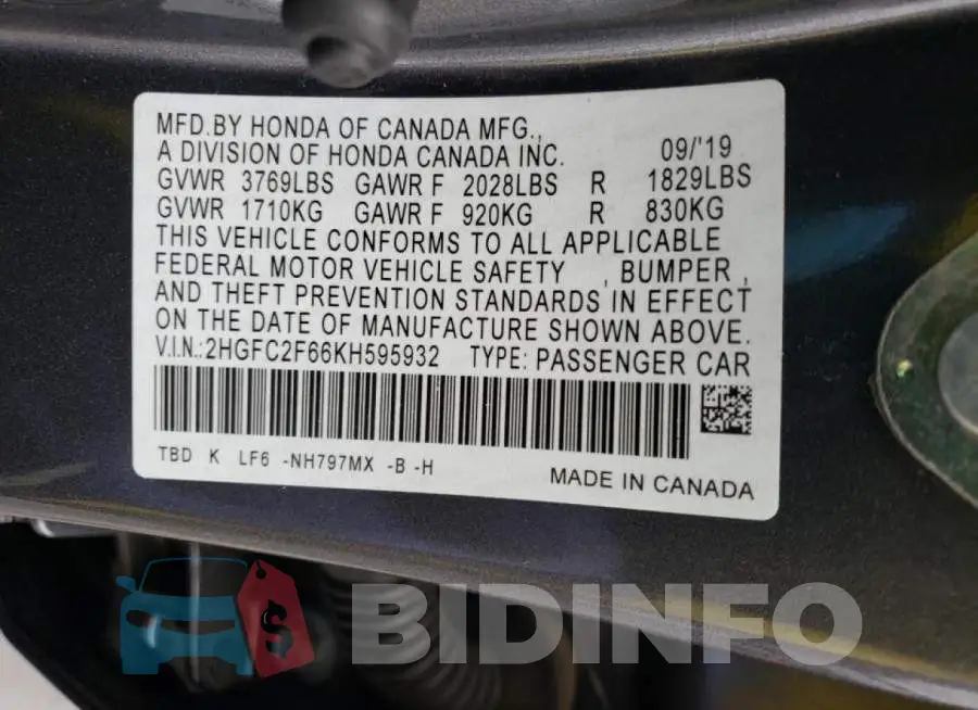2HGFC2F66KH595932 Photo# 12