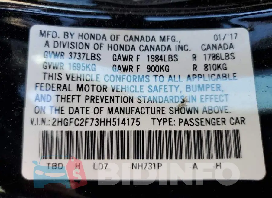 2HGFC2F73HH514175 Photo# 13