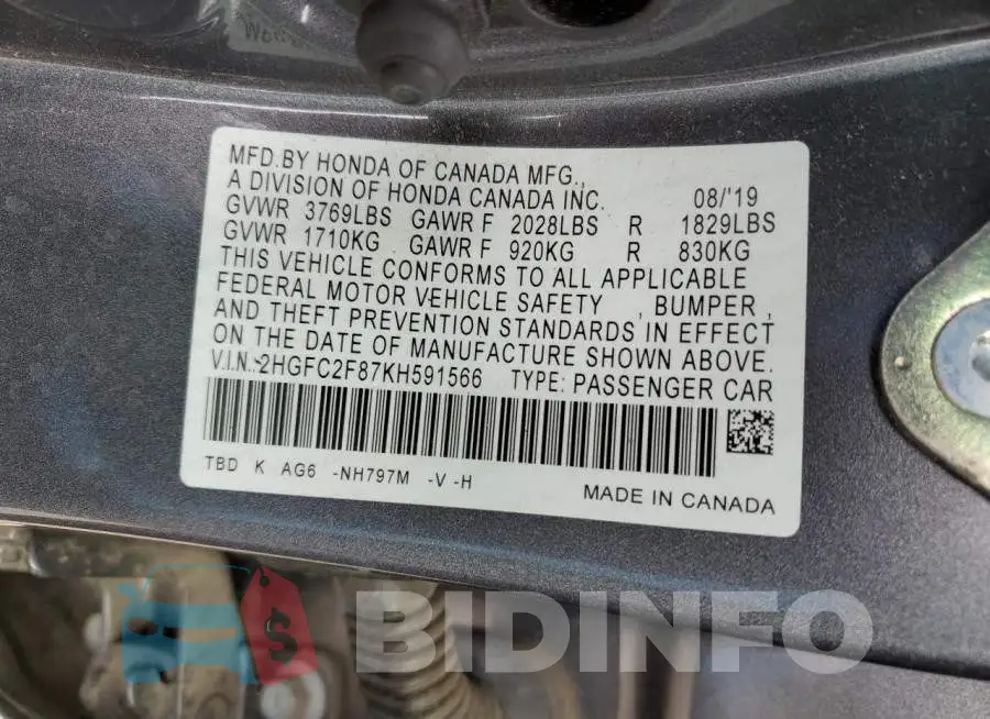 2HGFC2F87KH591566 Photo# 12