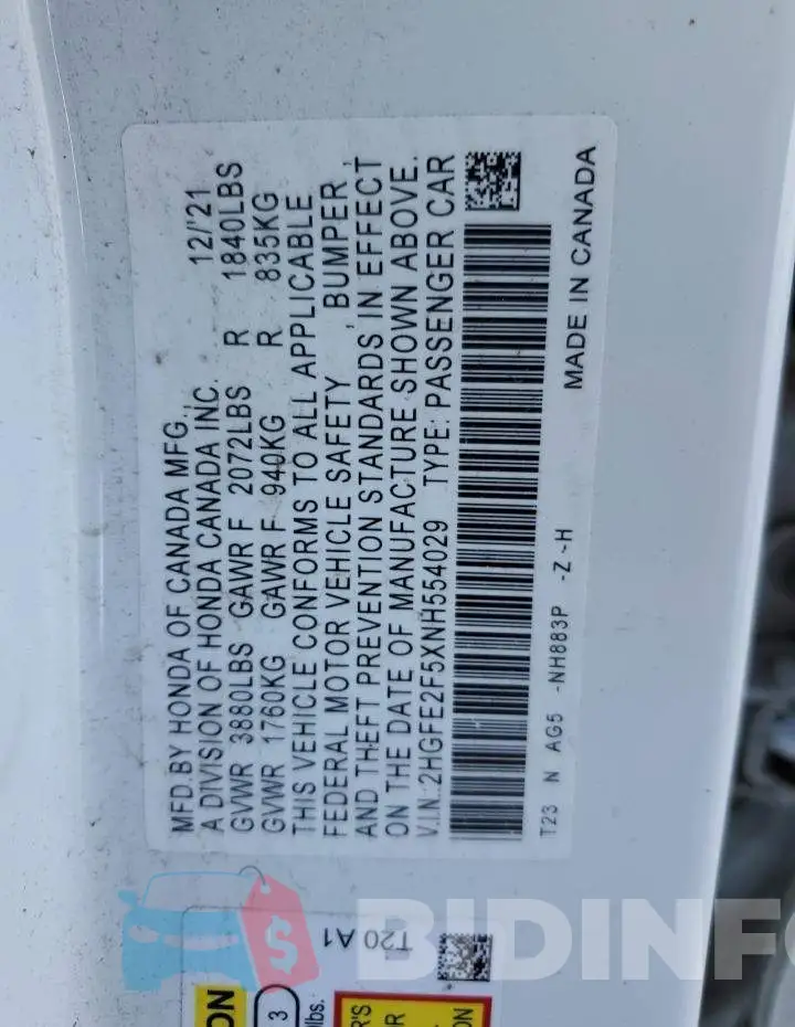 2HGFE2F5XNH554029 Photo# 12