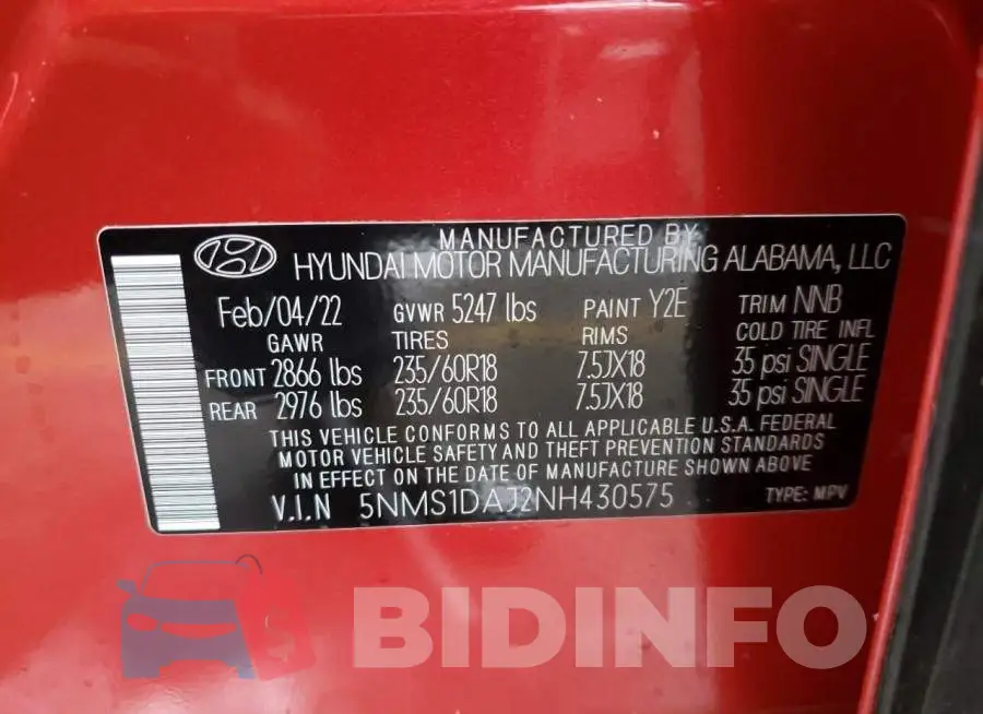 5NMS1DAJ2NH430575 Photo# 13
