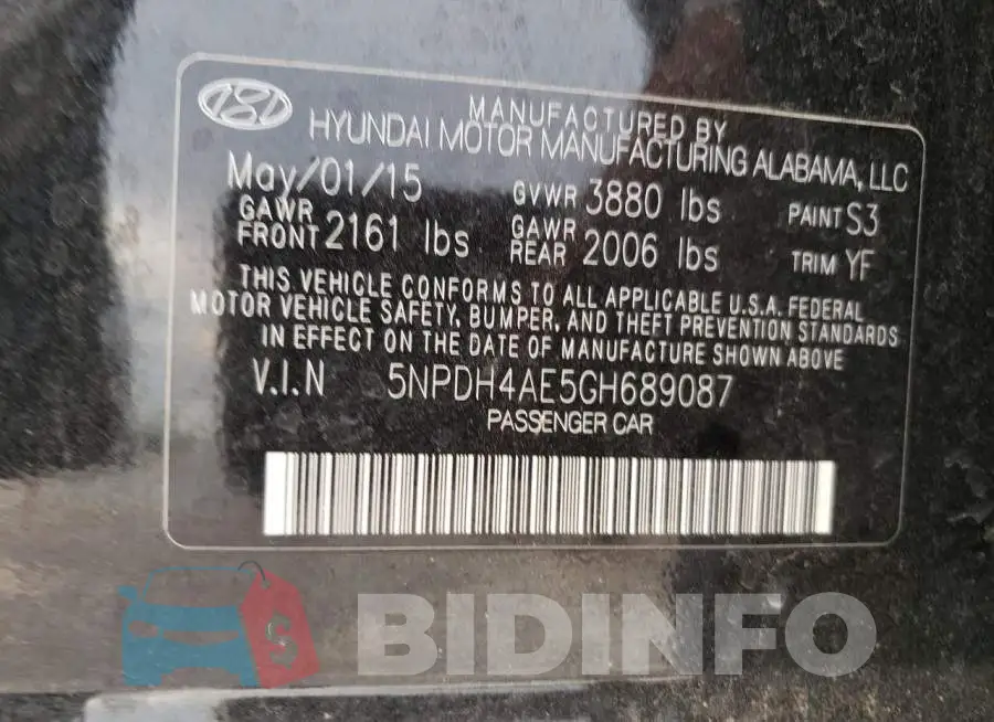 5NPDH4AE5GH689087 Photo# 10