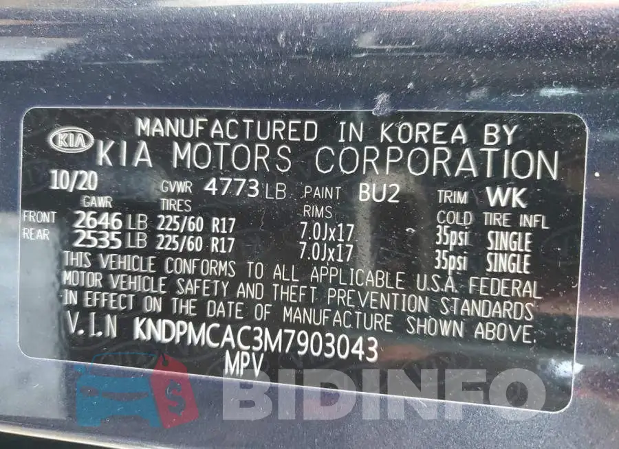 KNDPMCAC3M7903043 Photo# 13