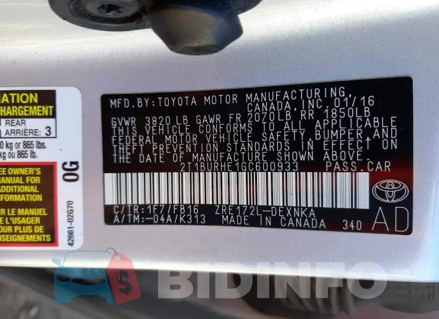 2T1BURHE1GC600933 Photo# 13