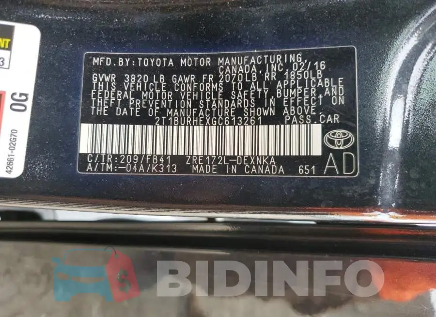 2T1BURHEXGC613261 Photo# 13