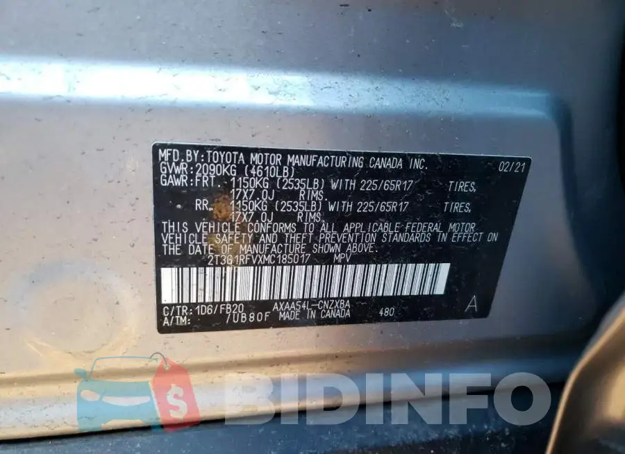2T3G1RFVXMC185017 Photo# 12